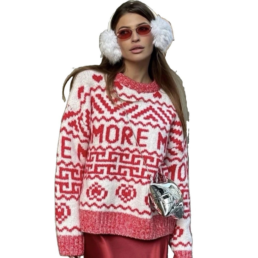 H&M Alpaca Wool Blend Jacquard-knit Sweater Red White Amore Mio Size XS